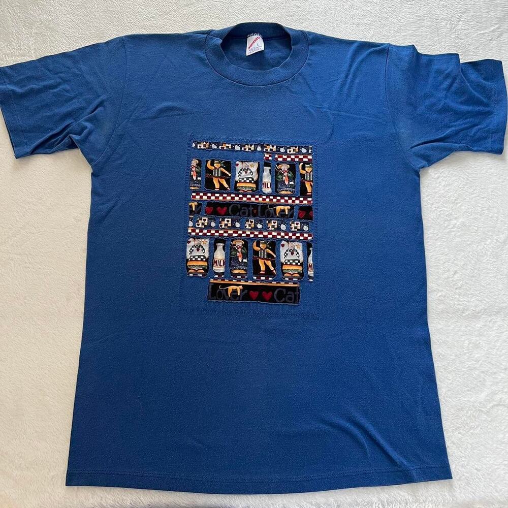 Jerzees Country Cat size Large Vintage blue Reworked t-shirt single stitch